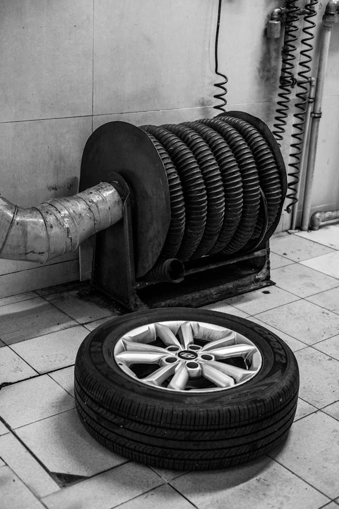 about-bg A black and white photo of a tire on the floor of a car repair shop next to equipment.